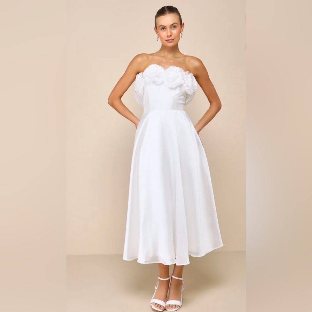 Lulu’s Idyllic Muse White Organza Rosette Strapless Midi Dress Size Small
